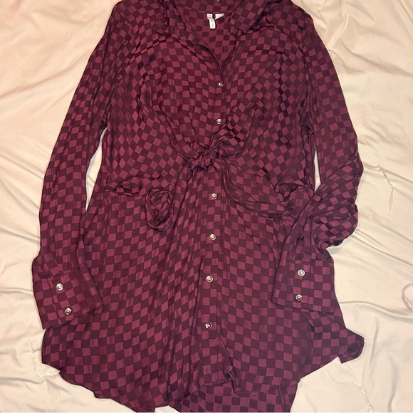 Cato Burgundy Checker Button Down Tunic Top XL Tie Waist Long Sleeve Blouse - Picture 2 of 8